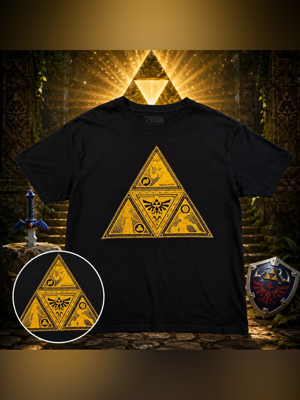 Legend of Zelda Triforce Mens Large Black Gold Graphic T Shirt Nintendo Gamer